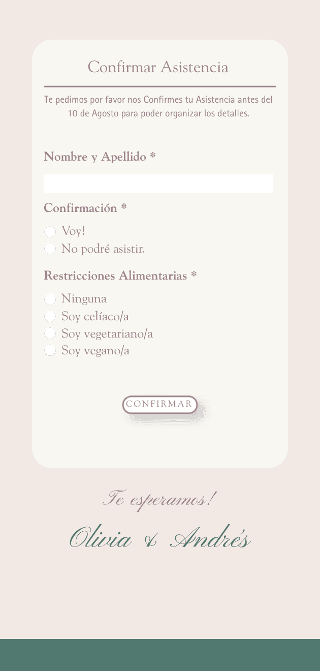 Formulario RSVP para confirmación de asistencia a boda